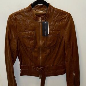 NEW Marc Cain Brown Leather Vintage Inspired Jacket with Belt